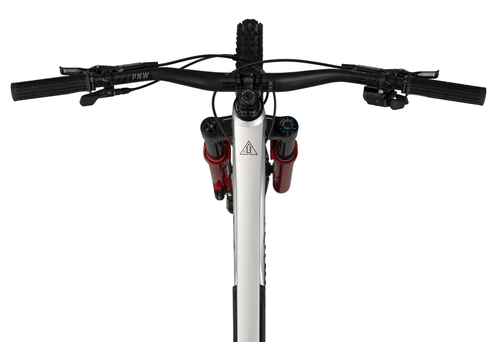 Close-up of a bicycle handlebar and front suspension fork on a white background