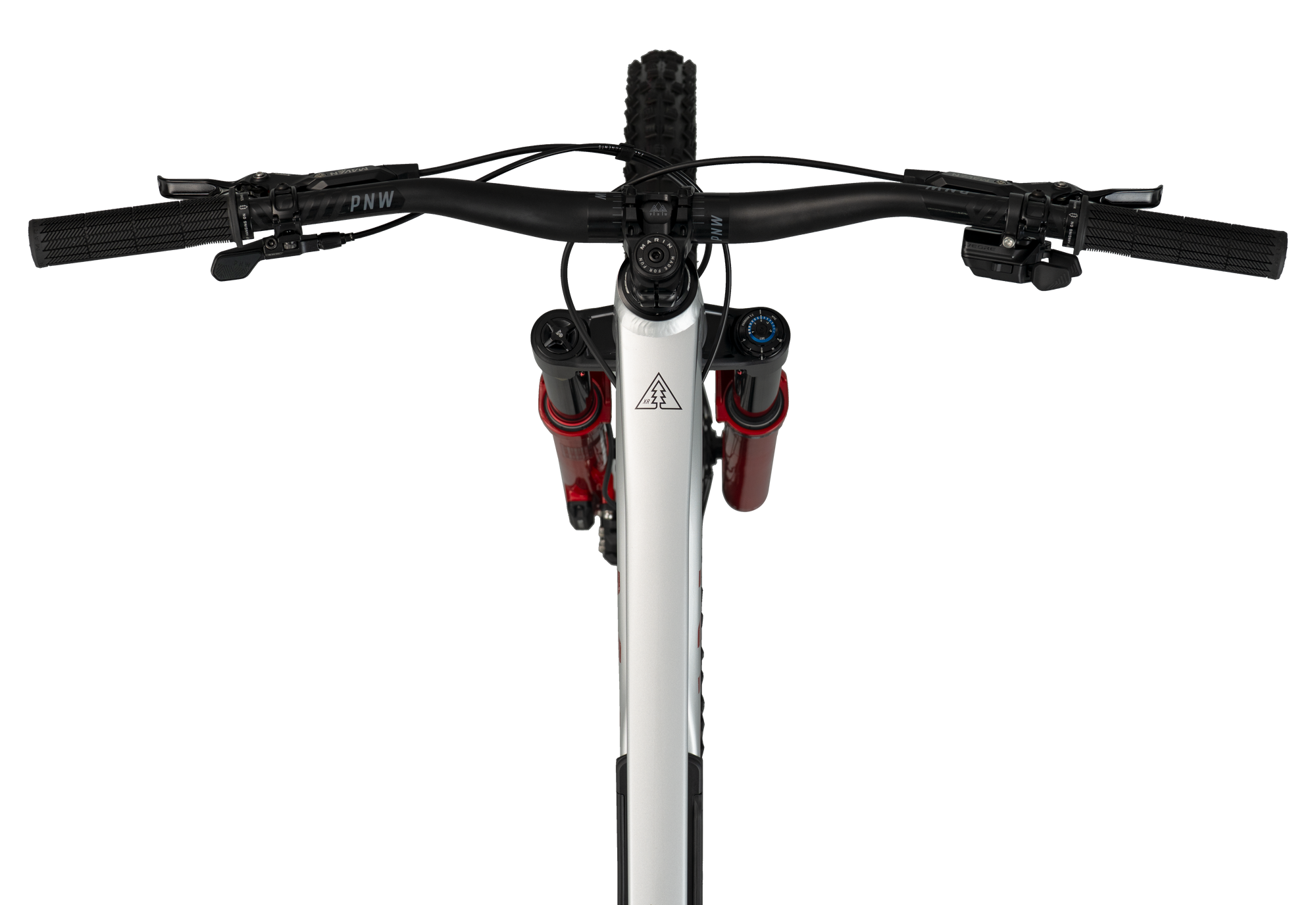 Close-up of a bicycle handlebar and front suspension fork on a white background