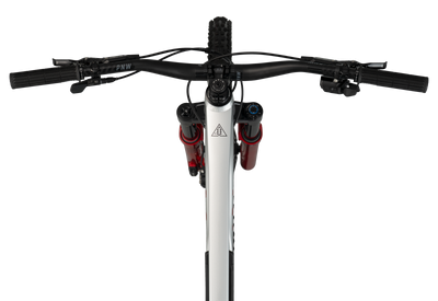 Close-up of a bicycle handlebar and front suspension fork on a white background