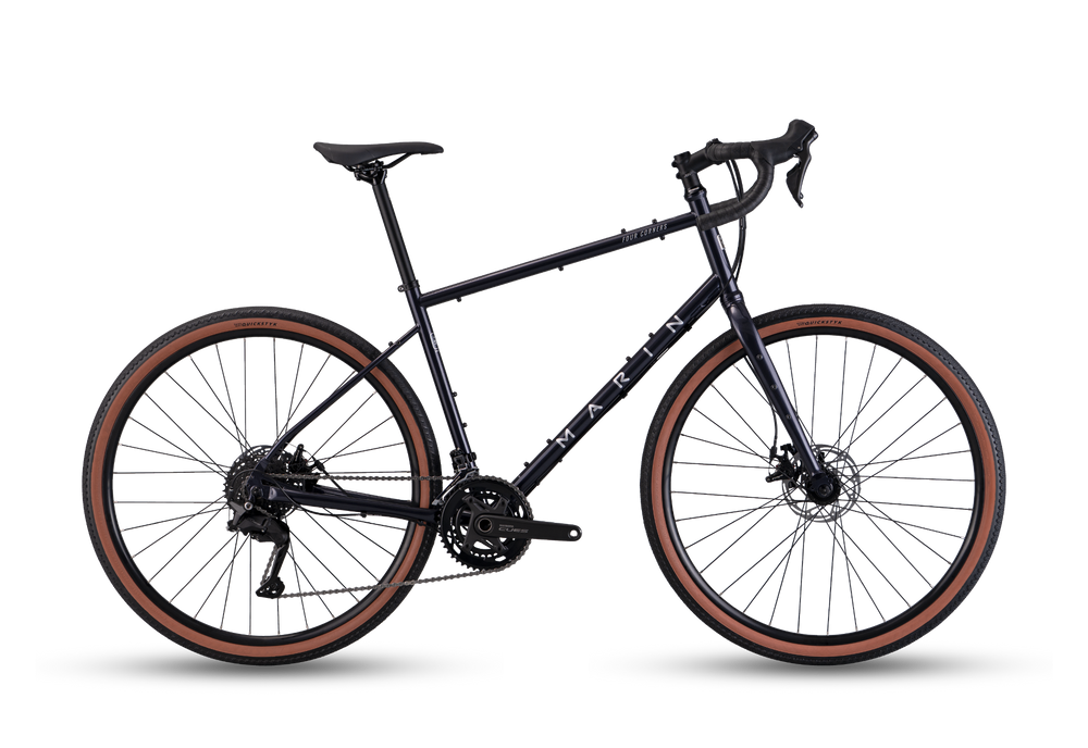Black bicycle with brown tires on a white background