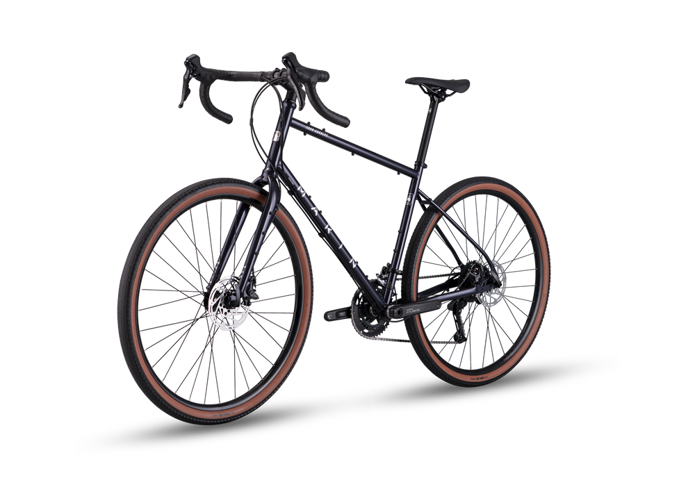 Black bicycle with brown tires on a white background