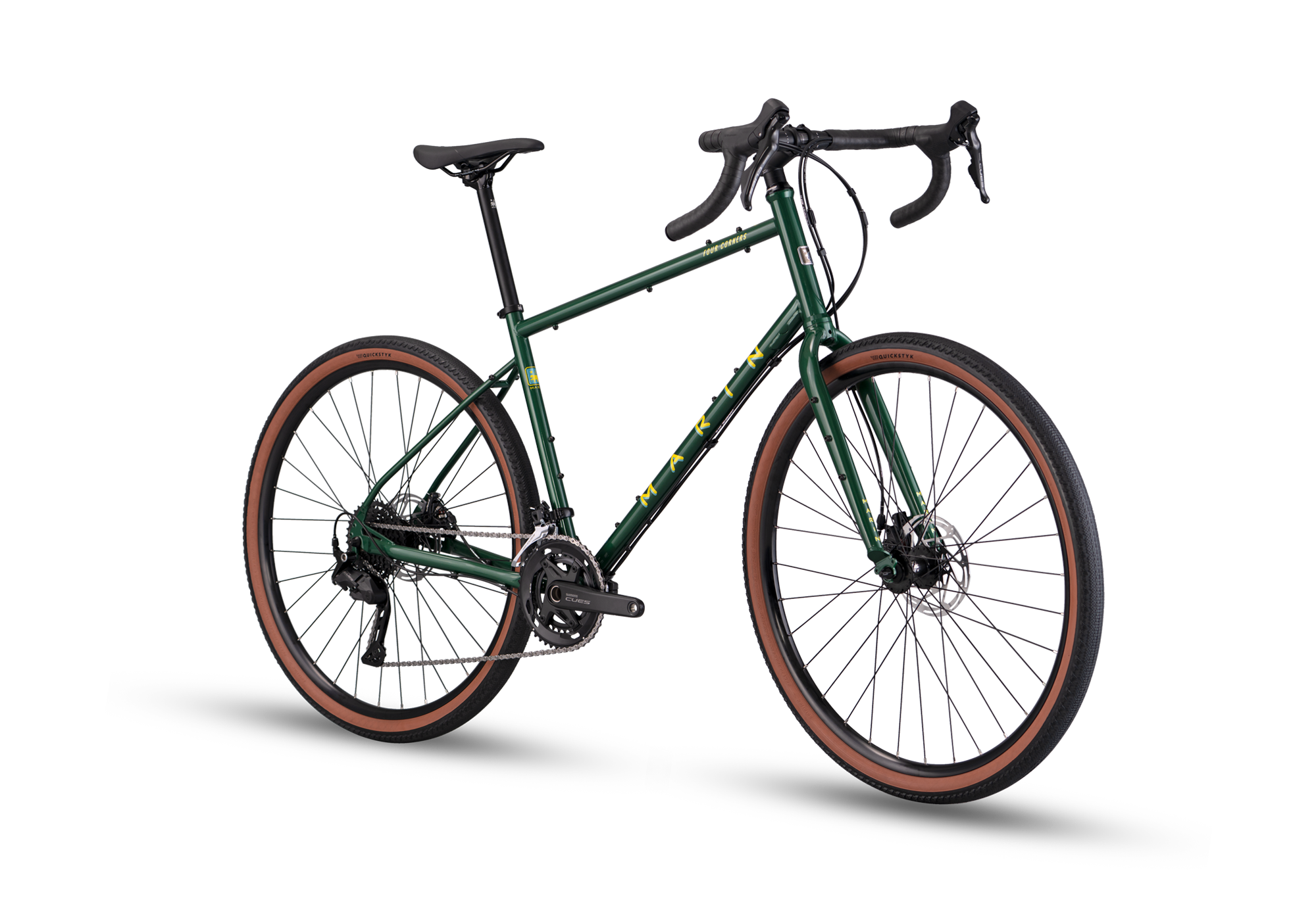 Green bicycle with brown tires on a white background