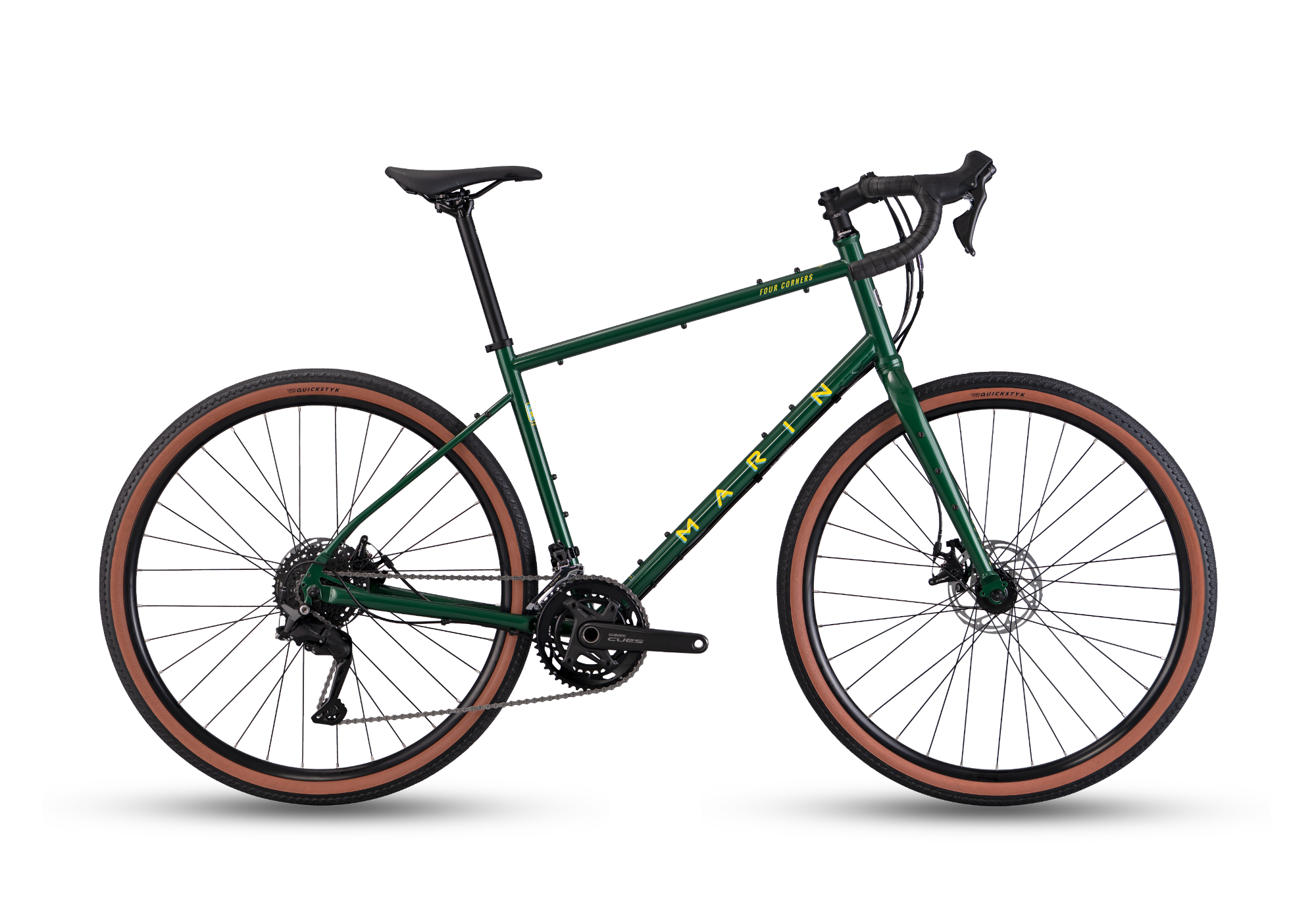 Green bicycle with brown tires on a white background