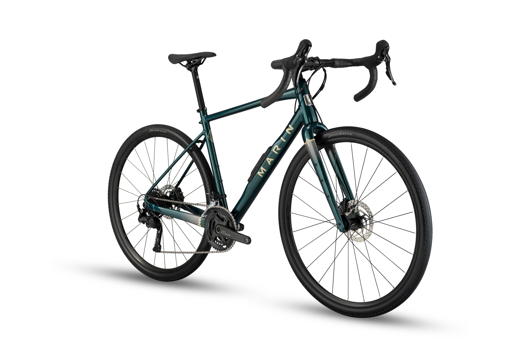 A gravel bicycle with a dark teal-green frame, black handlebars, and black wheels, shown from a three-quarters angle on a white background with a soft shadow.
