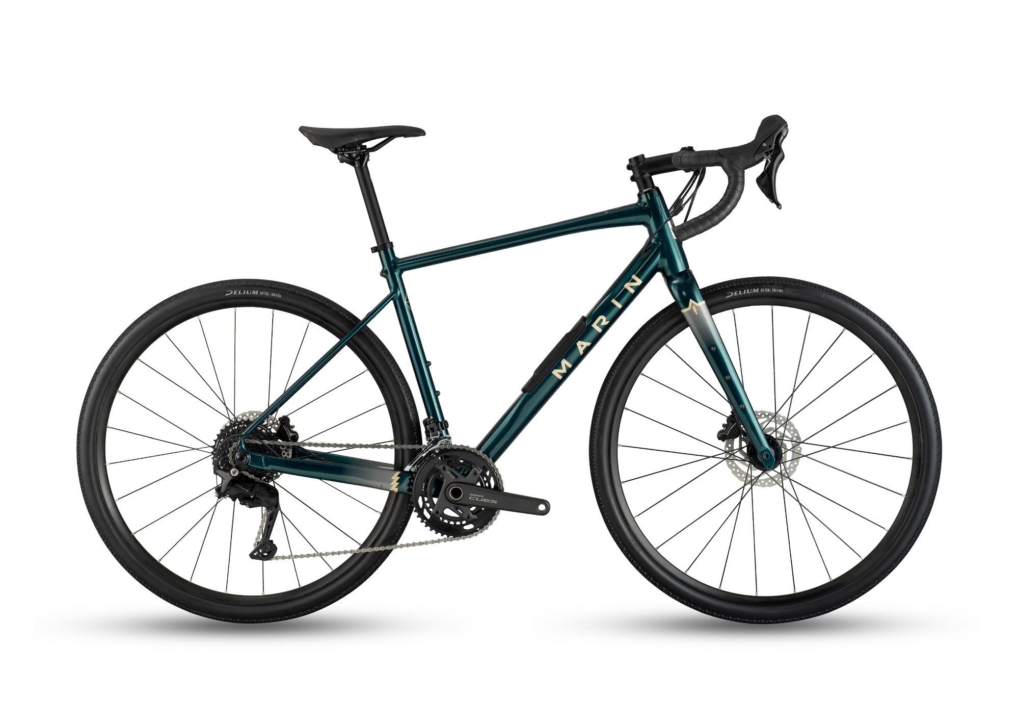 A dark teal Marin road bicycle with black components, drop handlebars, and disc brakes, shown from a side profile on a clean white background.