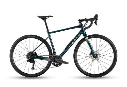 A dark teal Marin road bicycle with black components, drop handlebars, and disc brakes, shown from a side profile on a clean white background.
