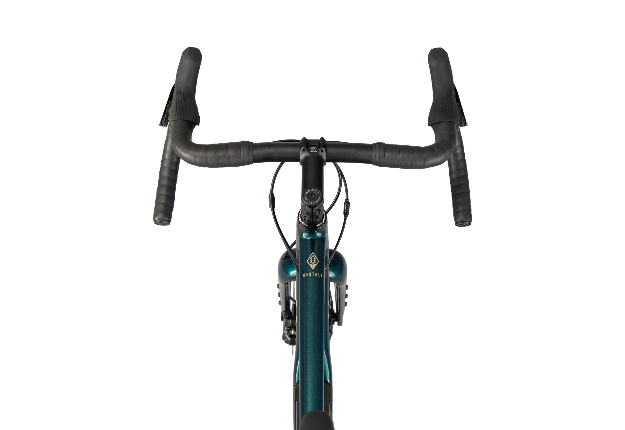 Front view of a drop-bar bicycle with black handlebars and grips, a dark teal frame, and a visible diamond logo on the head tube, isolated on a white background.