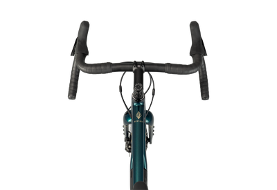 Front view of a drop-bar bicycle with black handlebars and grips, a dark teal frame, and a visible diamond logo on the head tube, isolated on a white background.