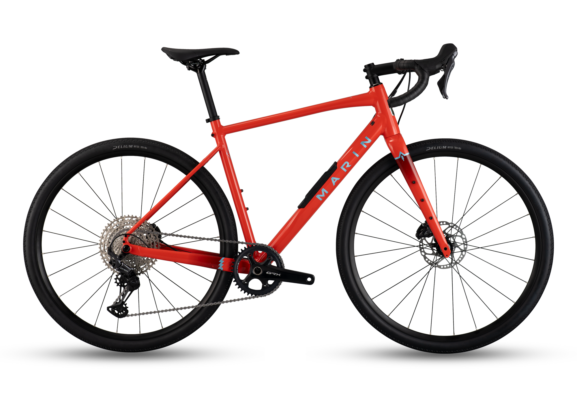 Red bicycle with black components on a white background