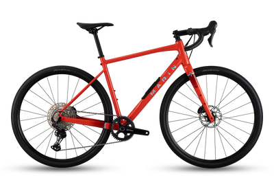Red bicycle with black components on a white background