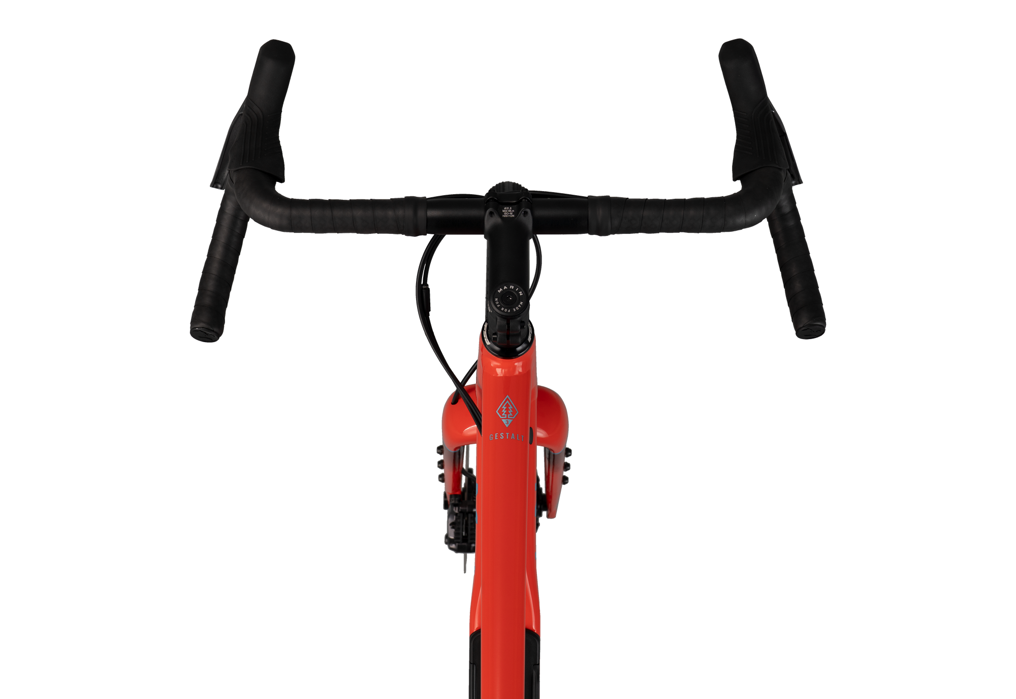 Red bicycle frame with black handlebars on a white background