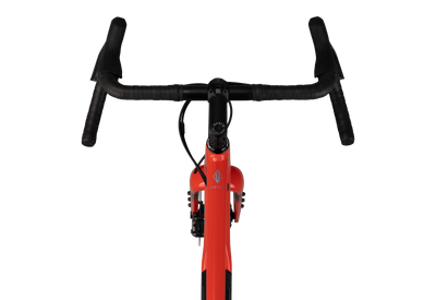 Red bicycle frame with black handlebars on a white background