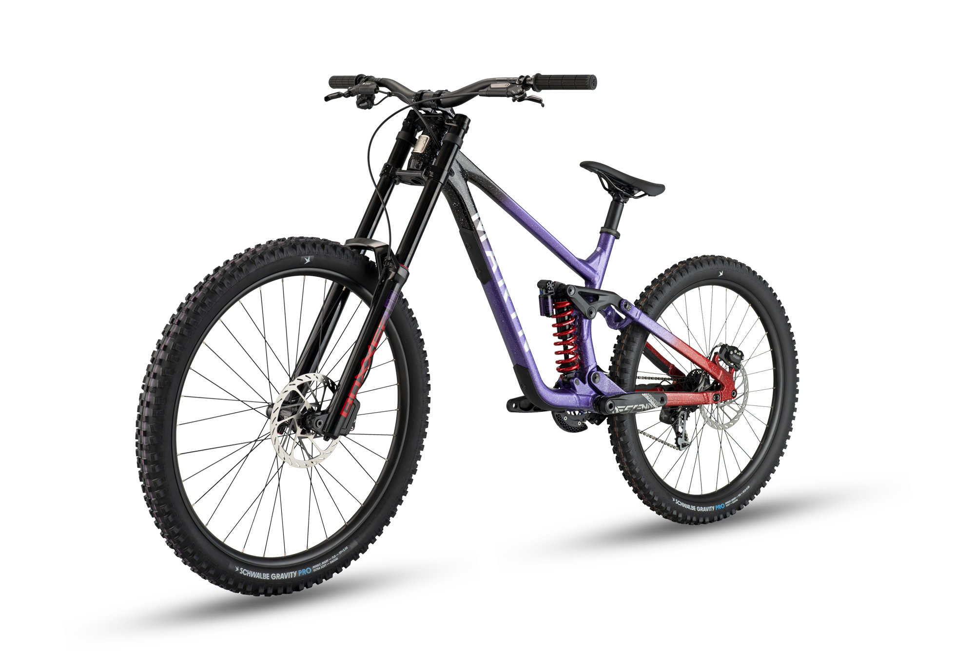 Mountain bike with a purple frame on a white background
