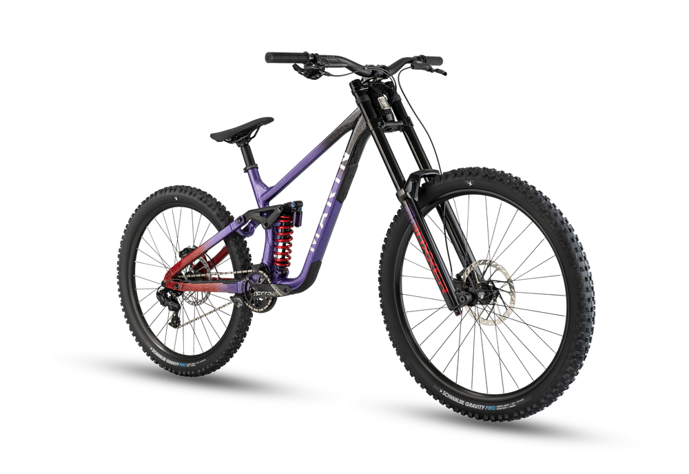 Mountain bike with purple frame and black components on a white background