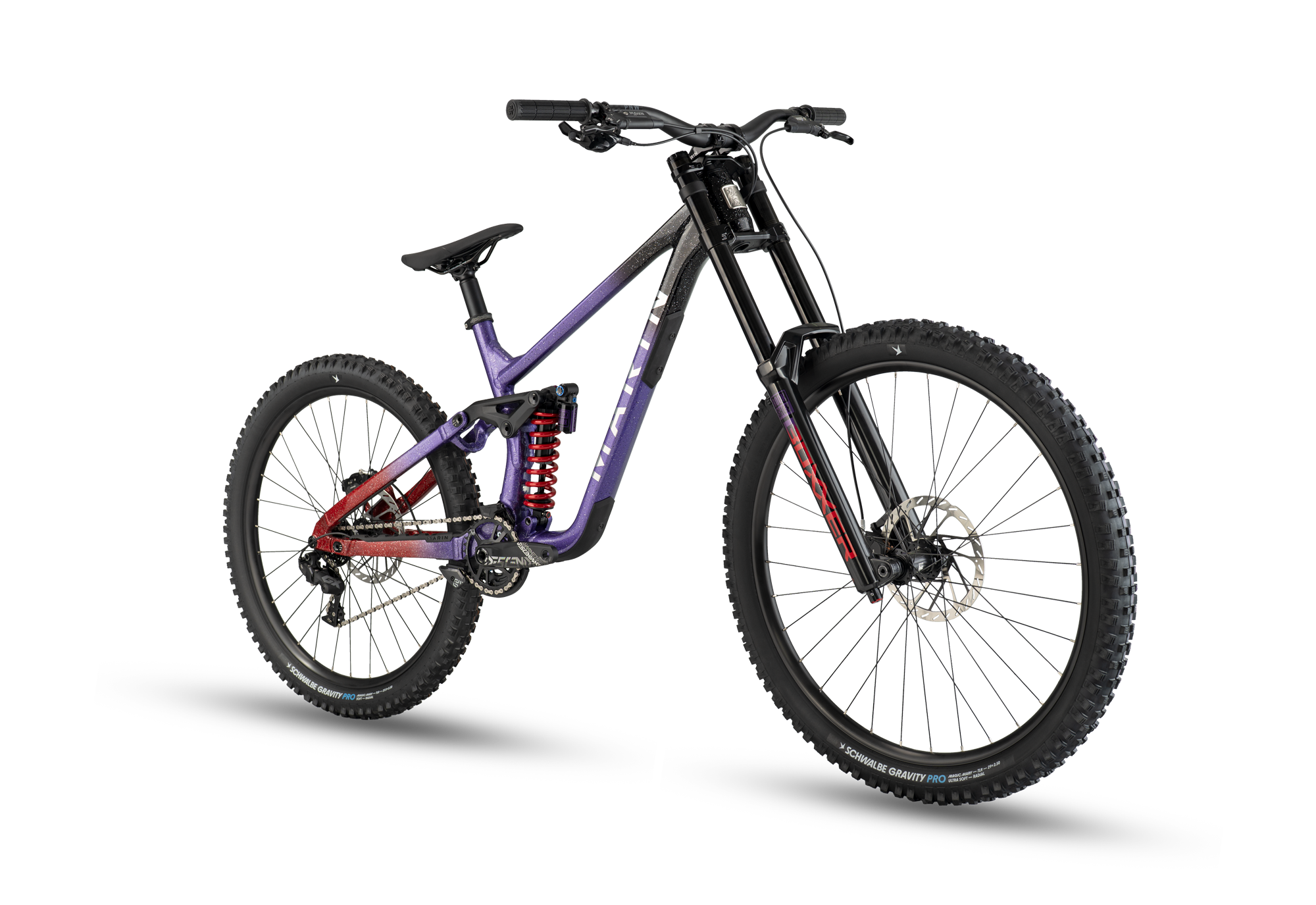 Mountain bike with purple frame and black components on a white background