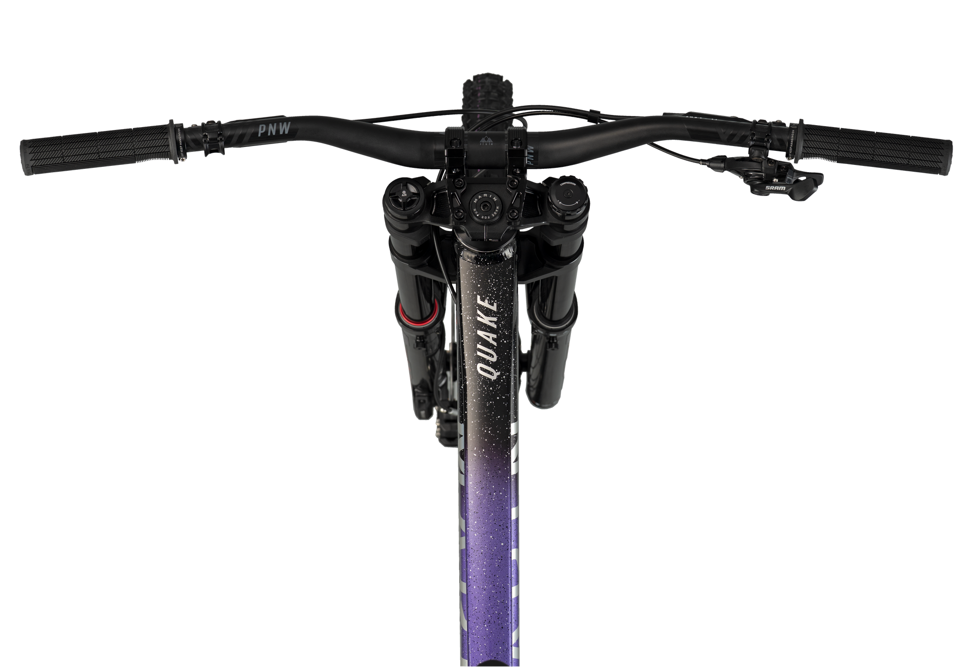 Close-up of a bicycle handlebar with 'Quake' branding on a white background