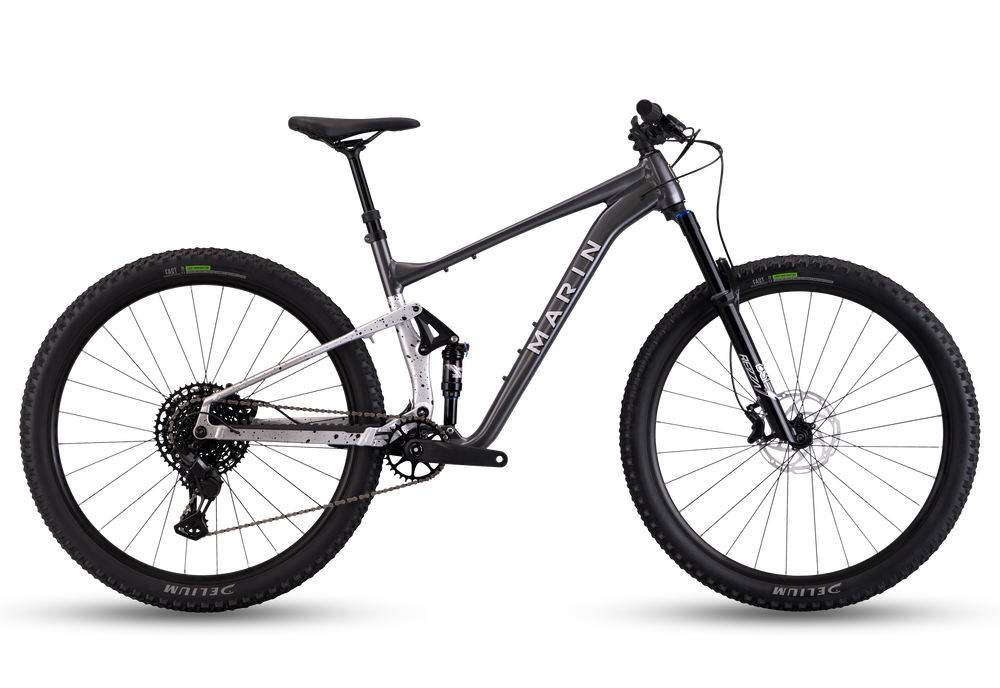 Mountain bike with black frame and tires on a white background