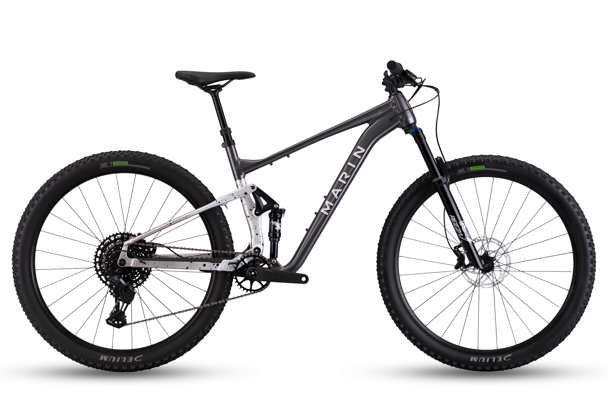 Mountain bike with black frame and tires on a white background
