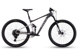 Mountain bike with black frame and tires on a white background