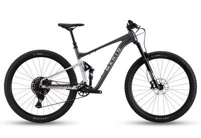 Mountain bike with black frame and tires on a white background