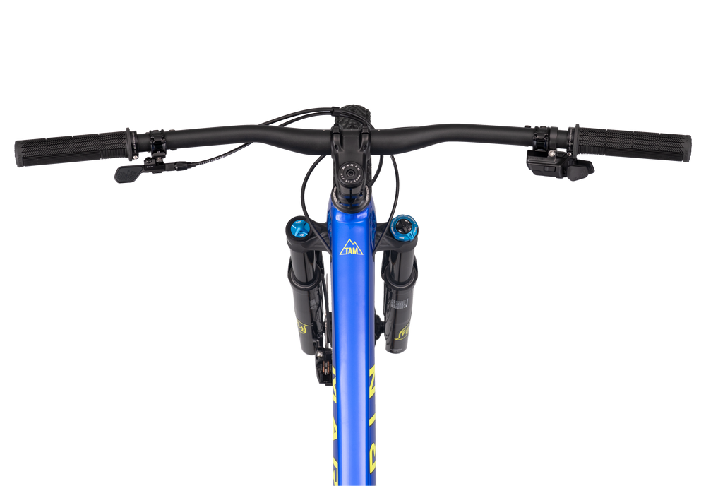 Bicycle handlebar with blue frame and black components on a white background