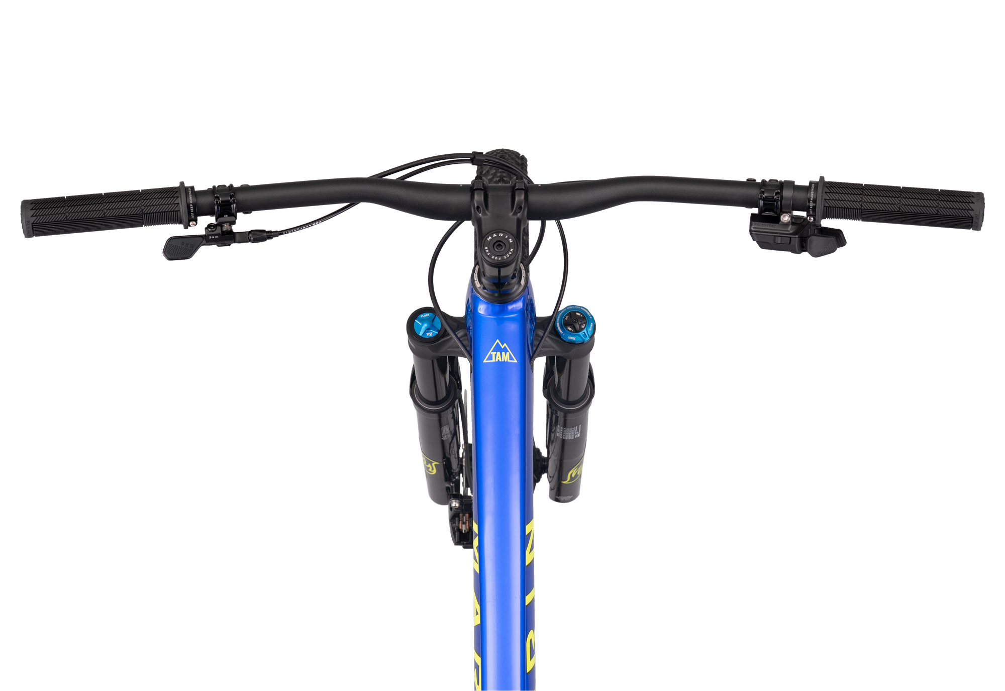 Bicycle handlebar with blue frame and black components on a white background