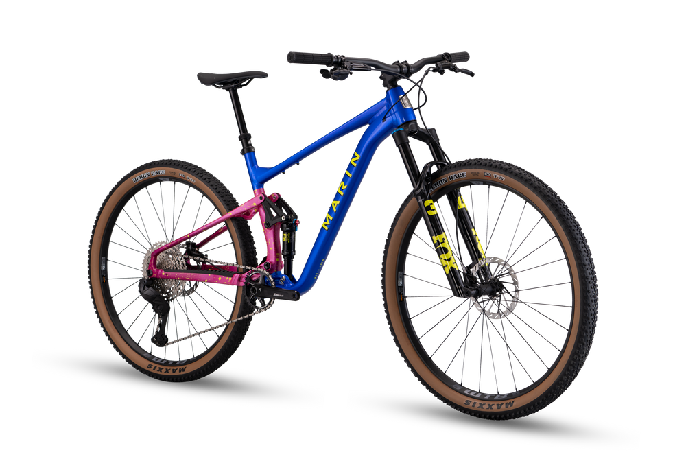 3/4 view of blue mountain bike