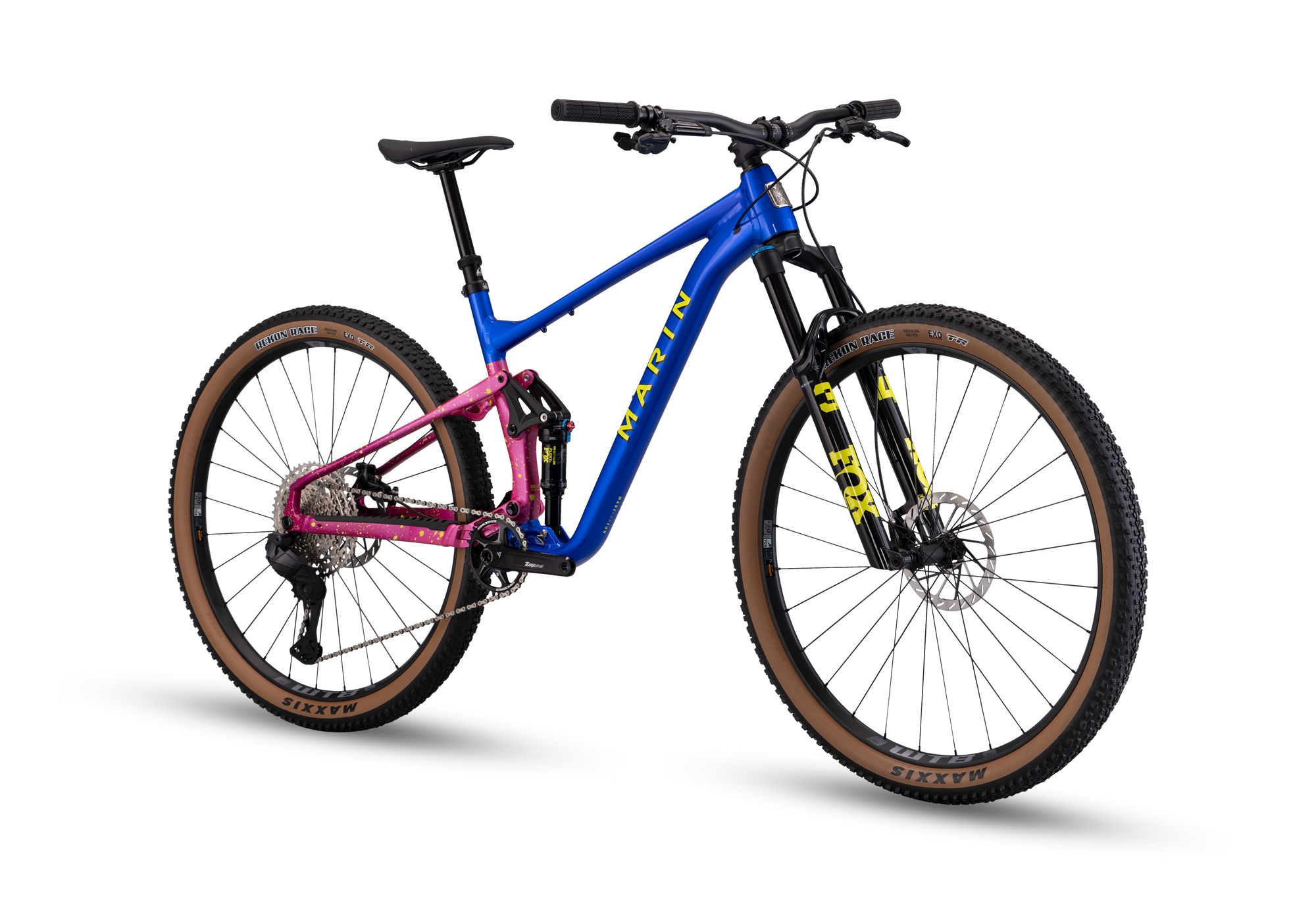 3/4 view of blue mountain bike