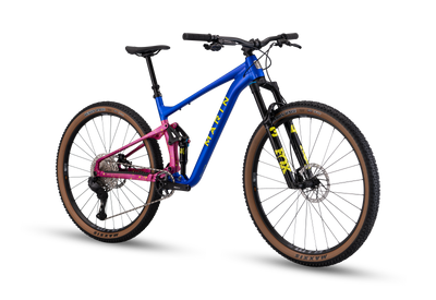 3/4 view of blue mountain bike