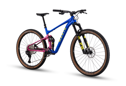 3/4 view of blue mountain bike
