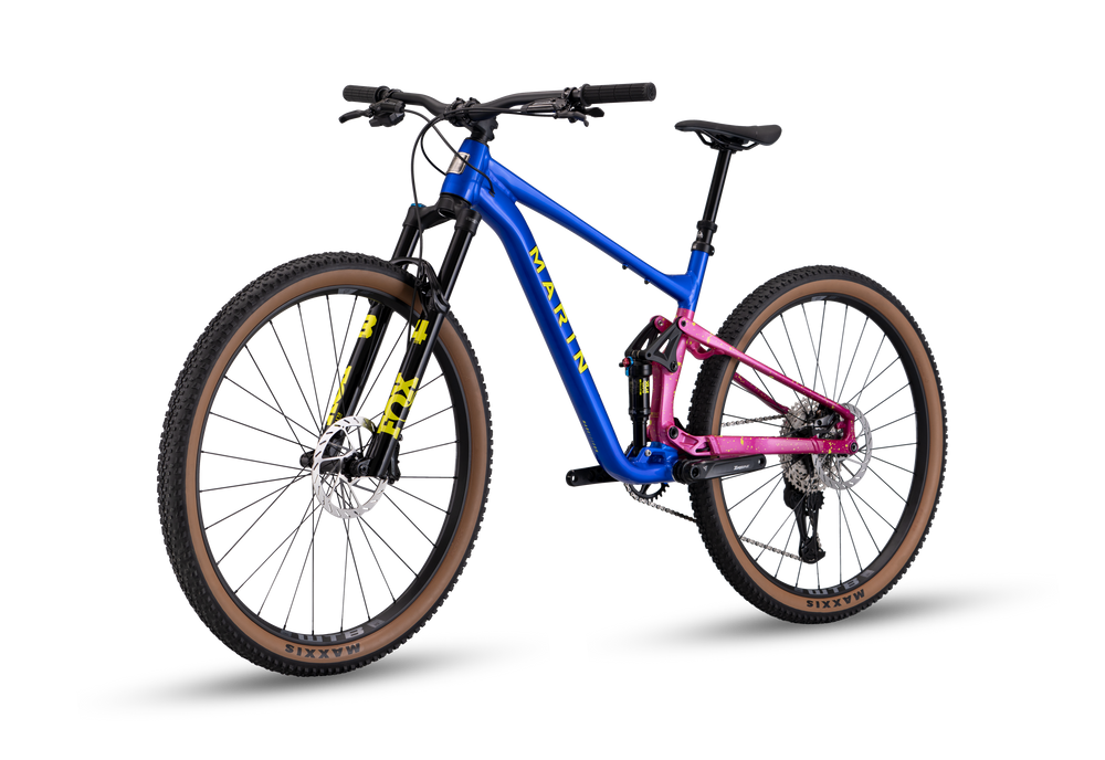 Blue and pink mountain bike on a white background