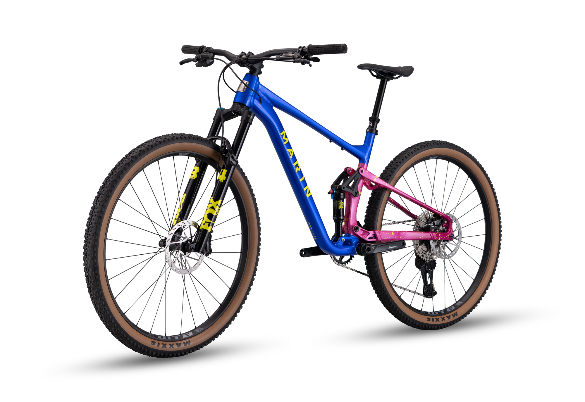 Blue and pink mountain bike on a white background