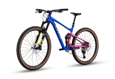 Blue and pink mountain bike on a white background