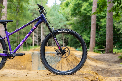 Purple mountain bike with Maxxis tires on a wooden platform in a forest setting