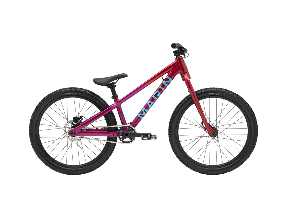 Red children's bicycle with black wheels on a transparent background