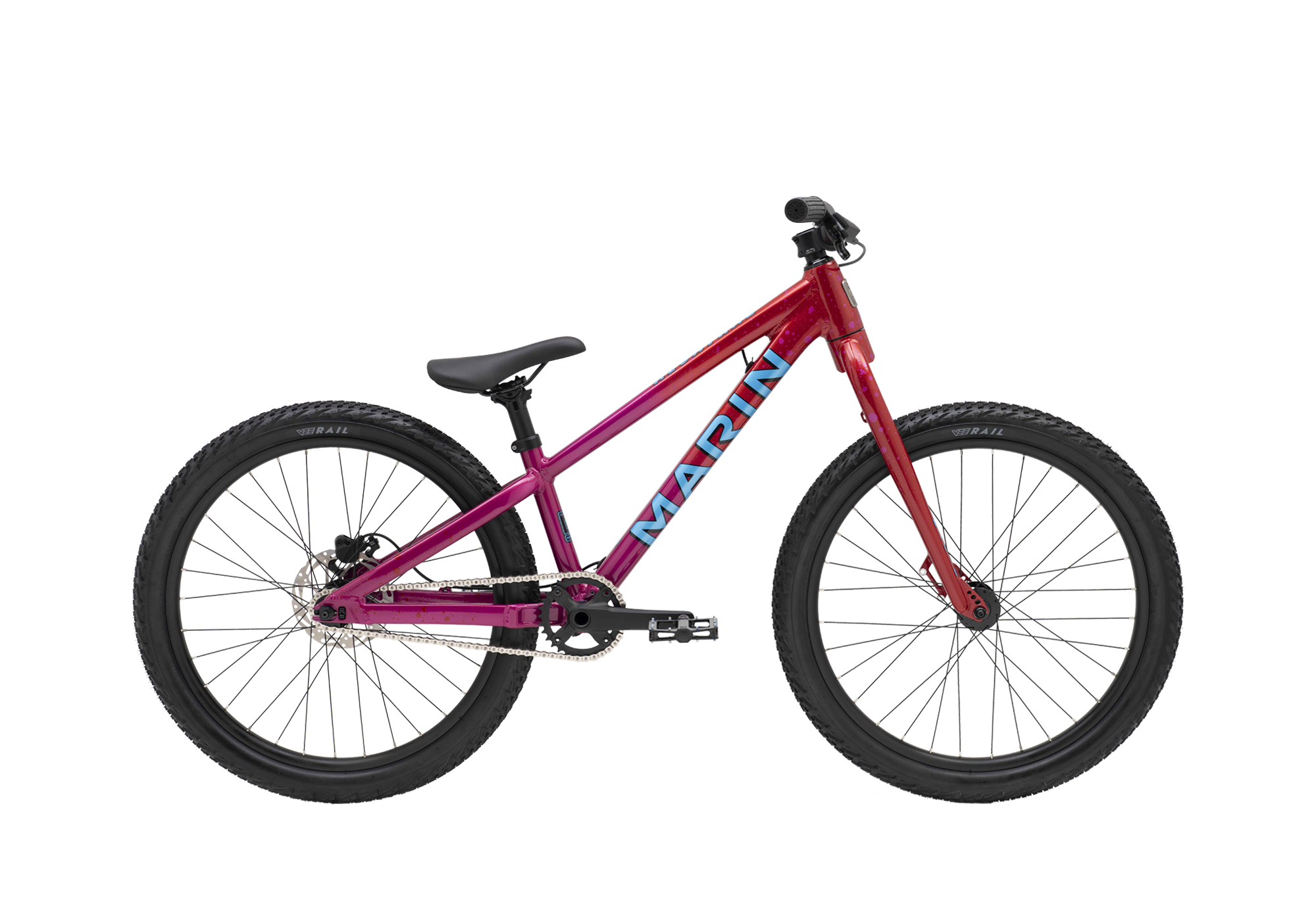 Red children's bicycle with black wheels on a transparent background