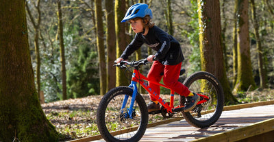 A child wearing a blue helmet, black long-sleeve jersey, and red pants rides a red and blue mountain bike on a wooden path in a forest.