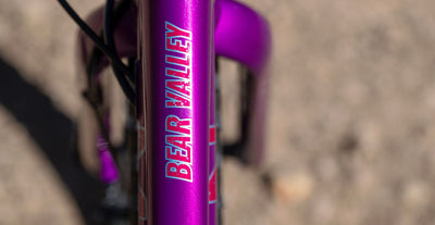 Close-up of a metallic purple bicycle frame with 'BEAR VALLEY' printed vertically in white and red, set against a blurred outdoor ground background.