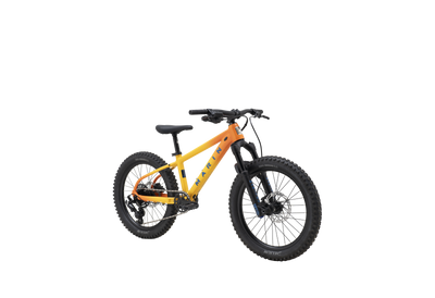 A yellow and orange Klatr full-suspension fat tire mountain bike with black components, shown from a three-quarters angle on a solid white background.