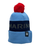 A blue and black Marin Bikes bobble hat, with a red bobble
