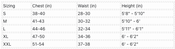 A size chart for sizes from small to extra-extra-large for chest, waist and height with each measurement in inches