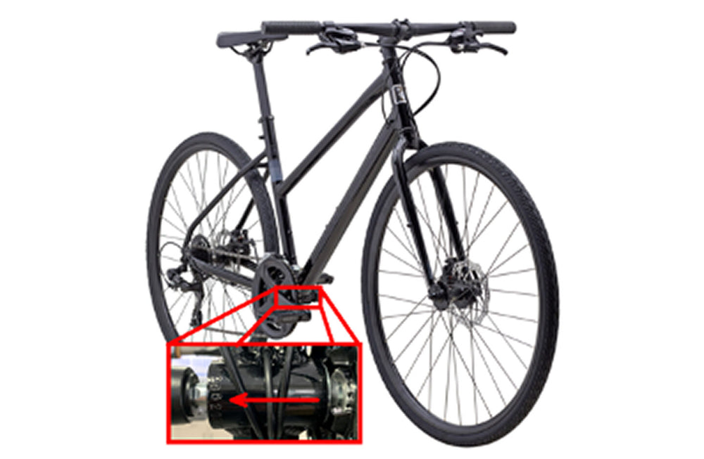 An image of a 2021 Marin Bikes bicycle painted in black with an exploded section of the image to show where the frame's serial number is located