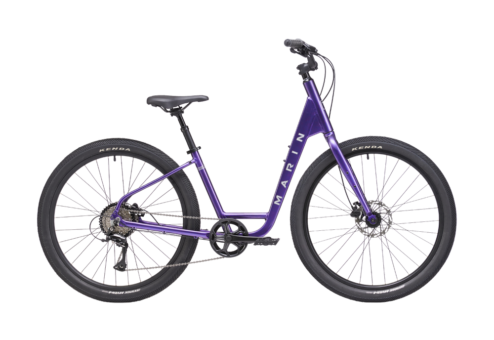 Purple bicycle with 'Marin' branding on a white background