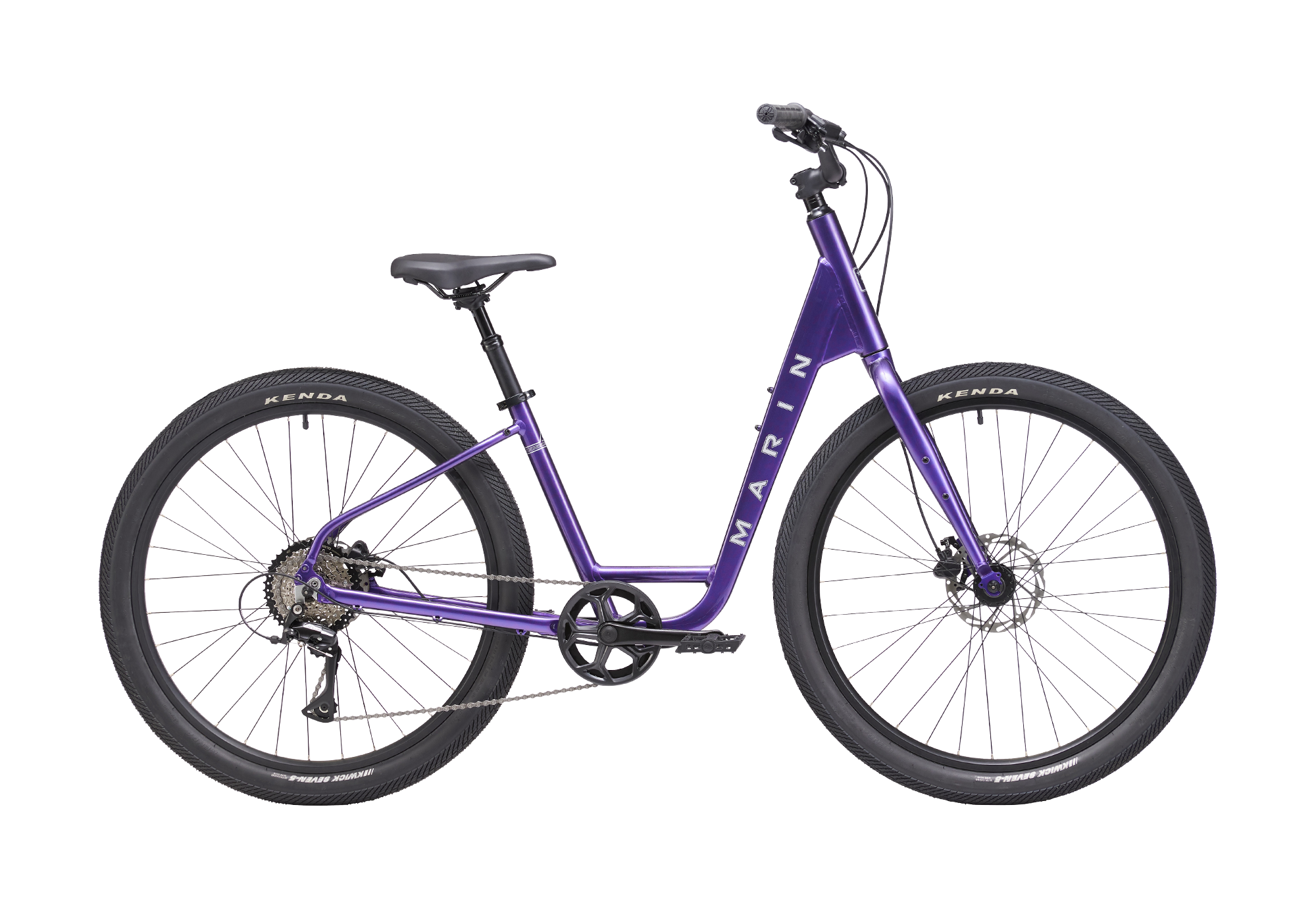 Purple bicycle with 'Marin' branding on a white background
