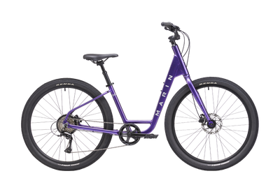 Purple bicycle with 'Marin' branding on a white background