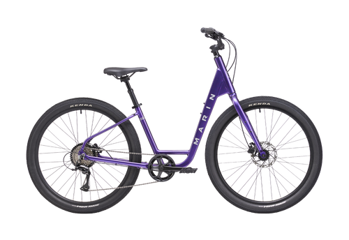 Purple bicycle with 'Marin' branding on a white background