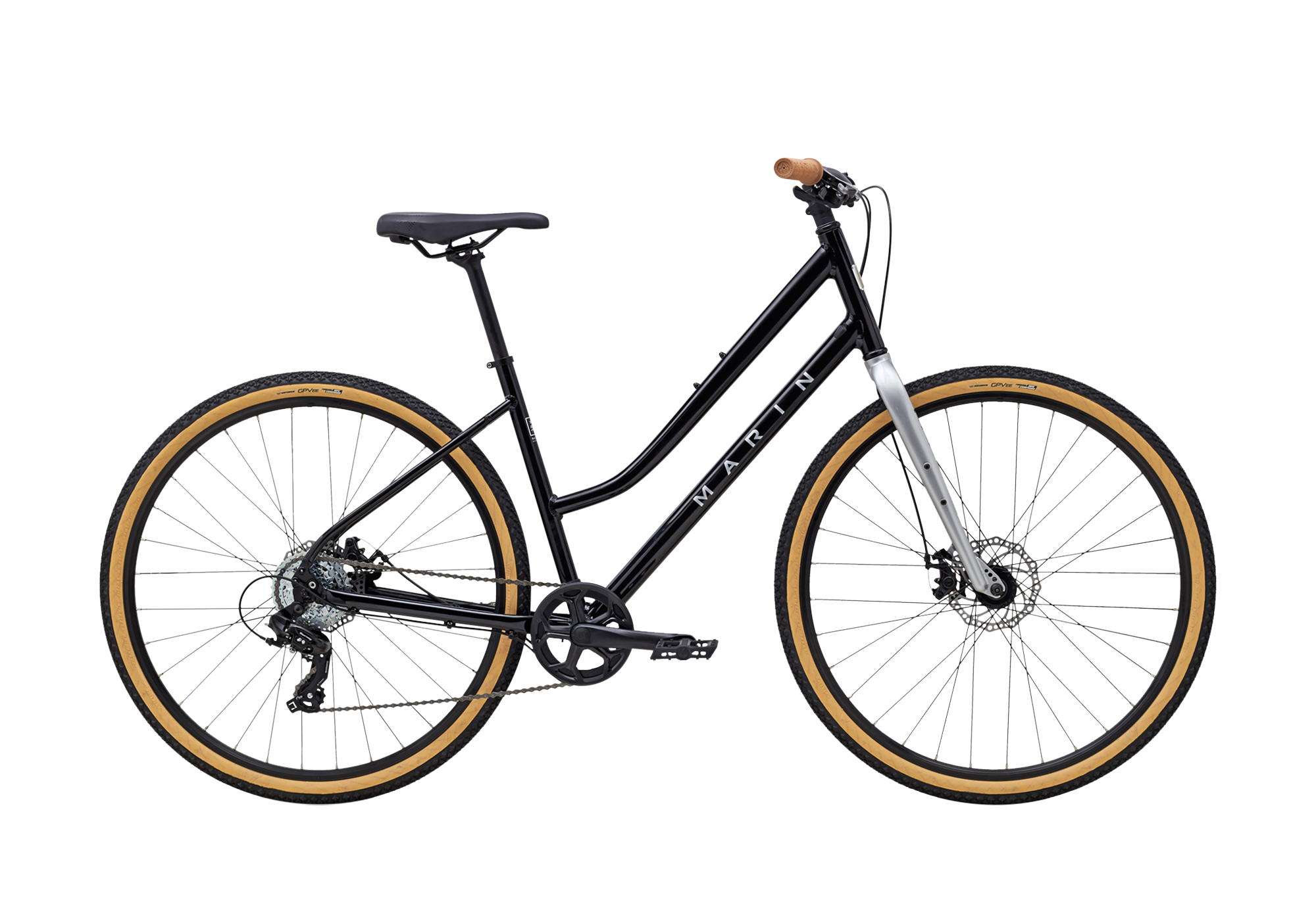 Black bicycle with gold rims on a white background