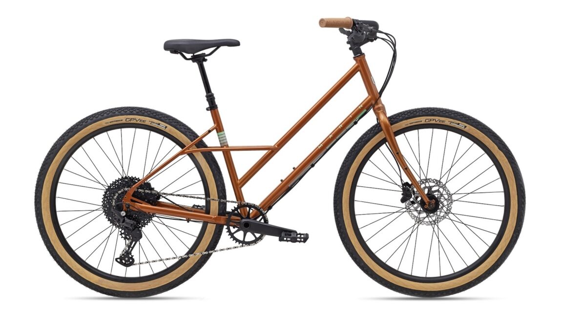 An image of a Marin Bikes flat bar bicycle painted in orange