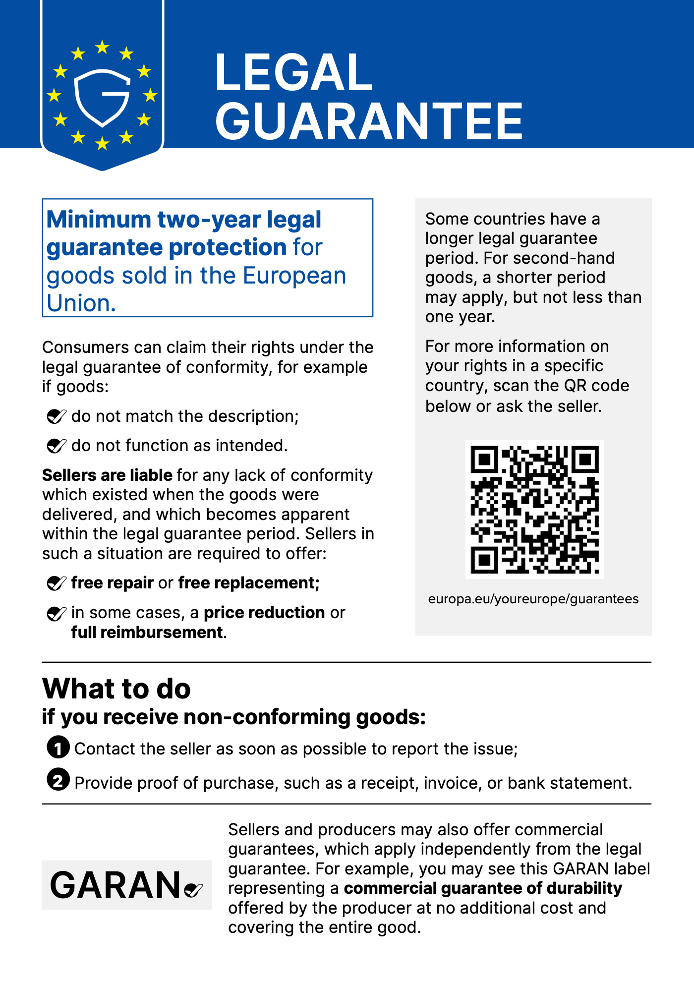 EU legal guarantee notice: minimum two-year legal guarantee protection for goods sold in the European Union. Full text available in the PDF below.