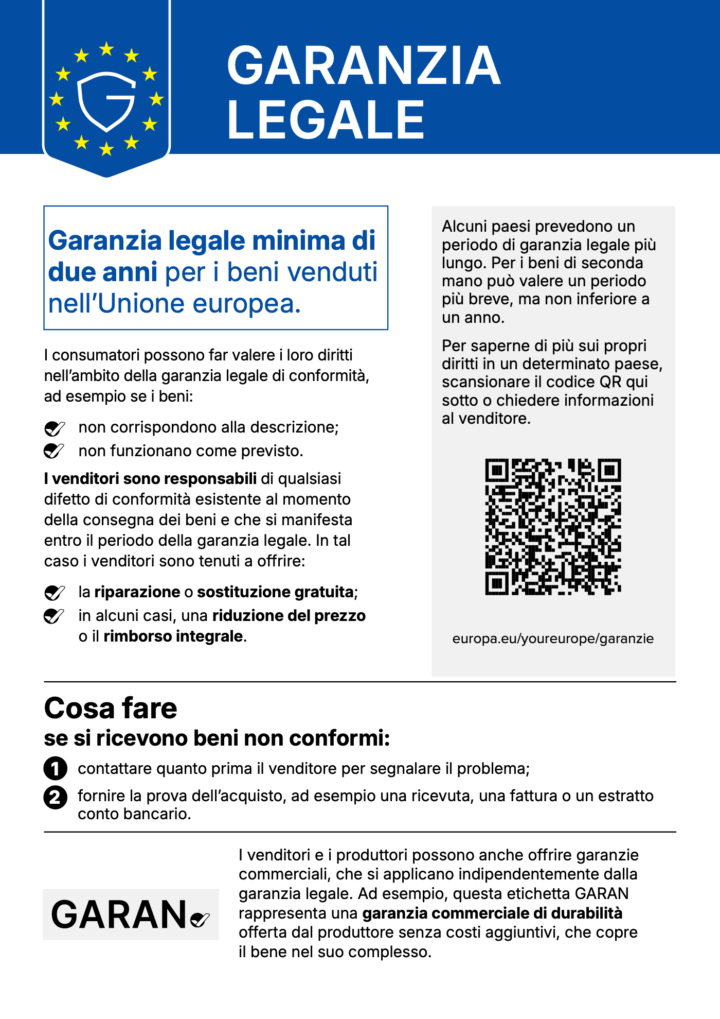 Avviso di garanzia legale UE: garanzia legale minima di due anni per i beni venduti nell'Unione europea. Testo completo disponibile nel PDF qui sotto.